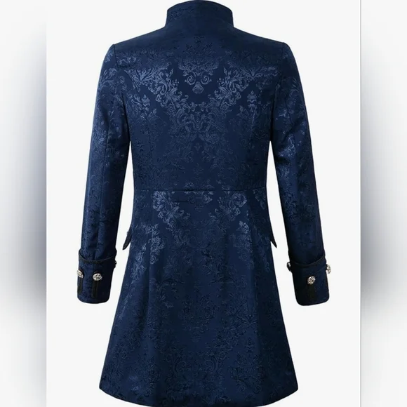 Men's Blue Goth Victorian Brocade Coat - Picture 2 of 3